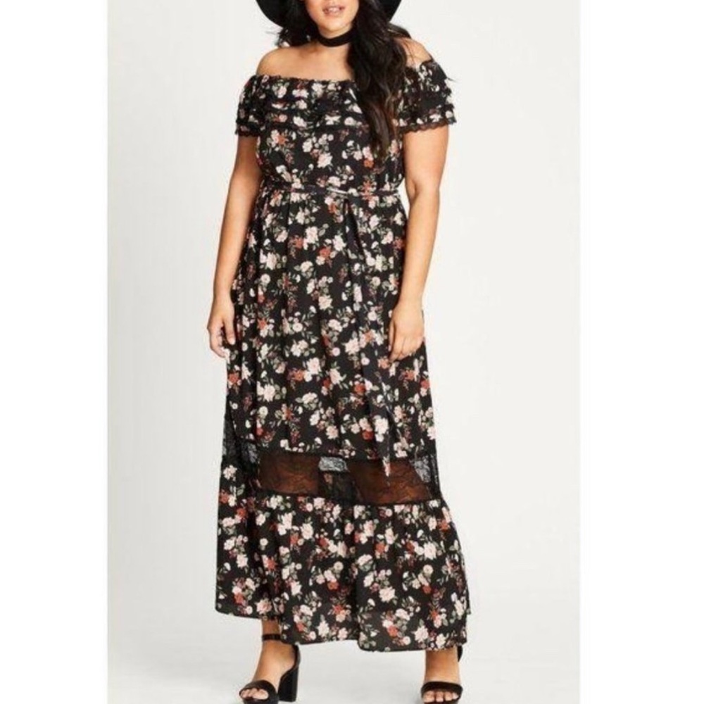 City Chic Free Love Floral Maxi Dress w/ lace trim Plus Size 16